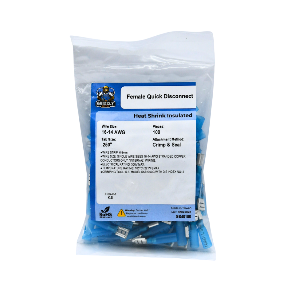 16-14 AWG Blue Polyolefin Insulated Heat Shrink Disconnect Terminals, 100/bag