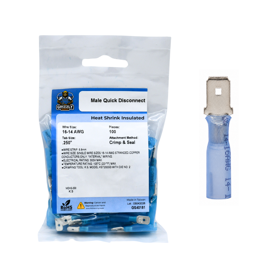 16-14 AWG Heat Shrink - Crimp & Seal .250 Male Quick Disconnect 100/Bag