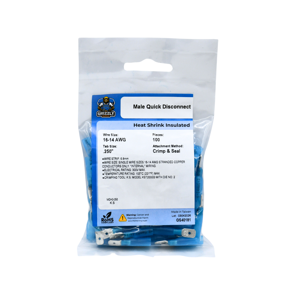 16-14 AWG Heat Shrink - Crimp & Seal .250 Male Quick Disconnect 100/Bag