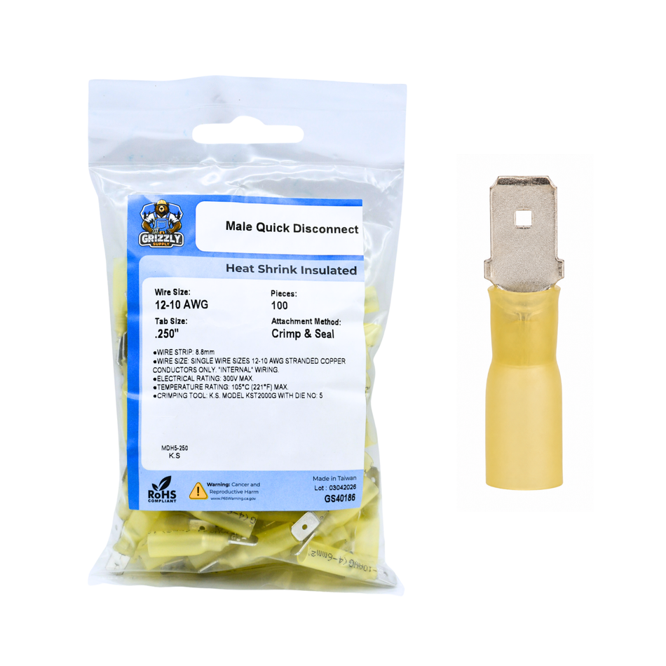 12-10 AWG Yellow Polyolefin Insulated Heat Shrink Disconnect Terminals, 100/bag