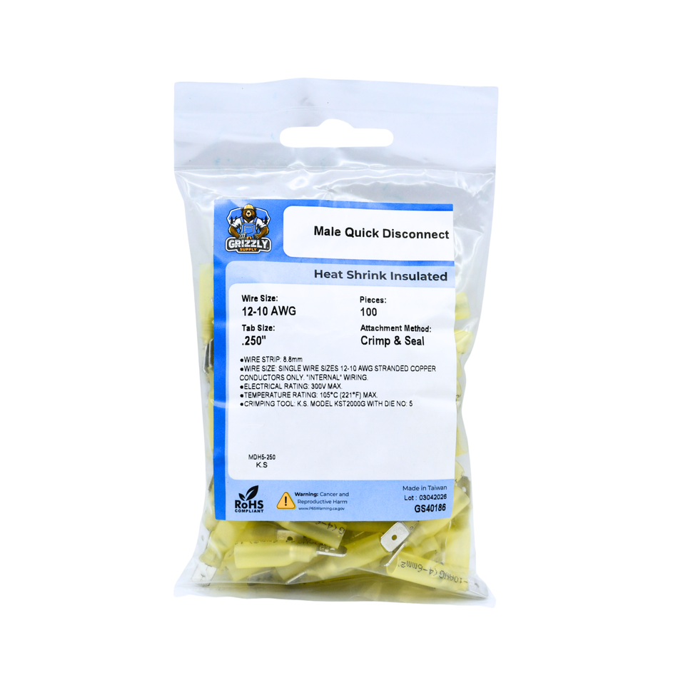 12-10 AWG Yellow Polyolefin Insulated Heat Shrink Disconnect Terminals, 100/bag