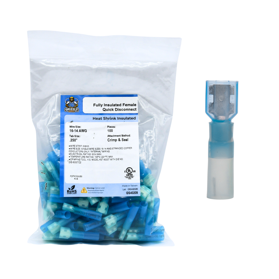 16-14 AWG Blue Heat Shrink Fully Insulated Female Quick Disconnect 100/Bag