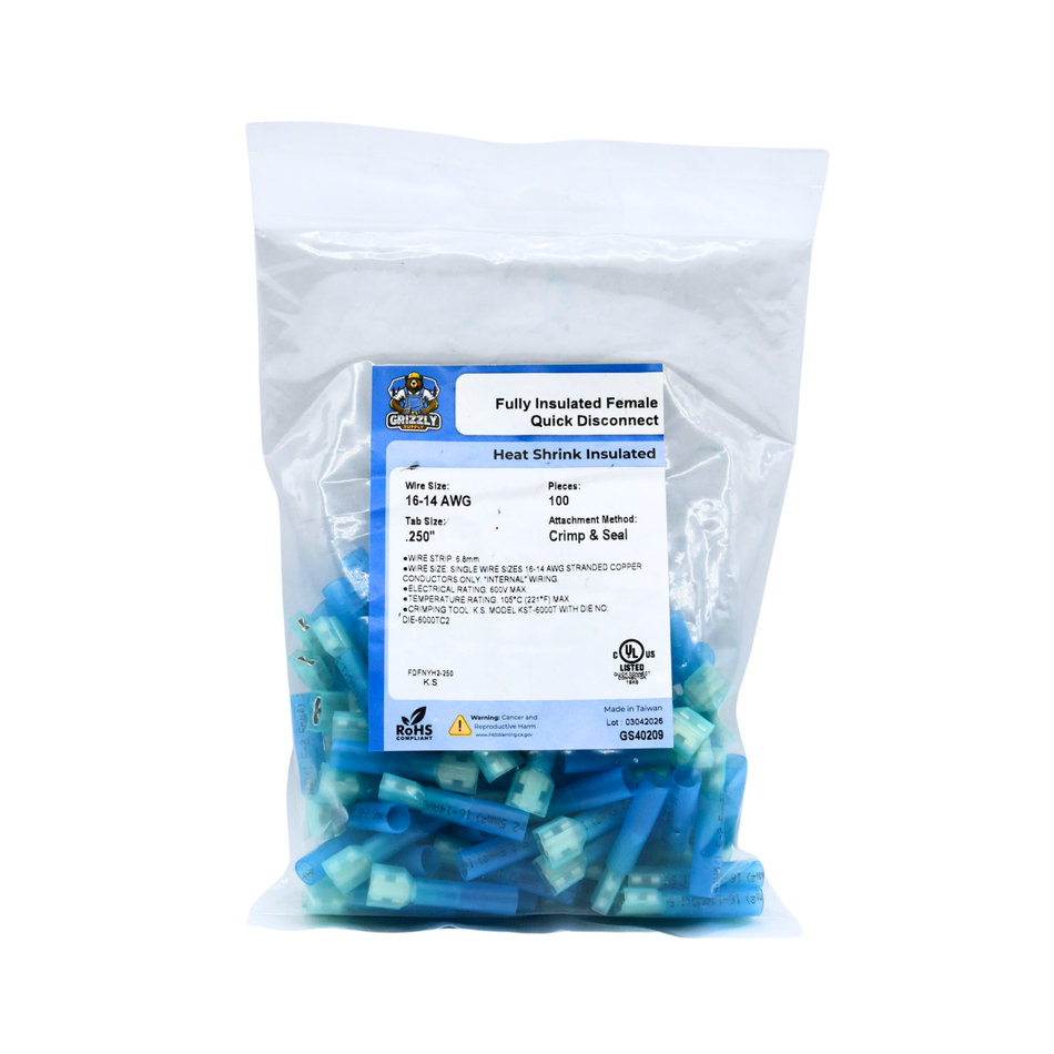 16-14 AWG Blue Heat Shrink Fully Insulated Female Quick Disconnect 100/Bag