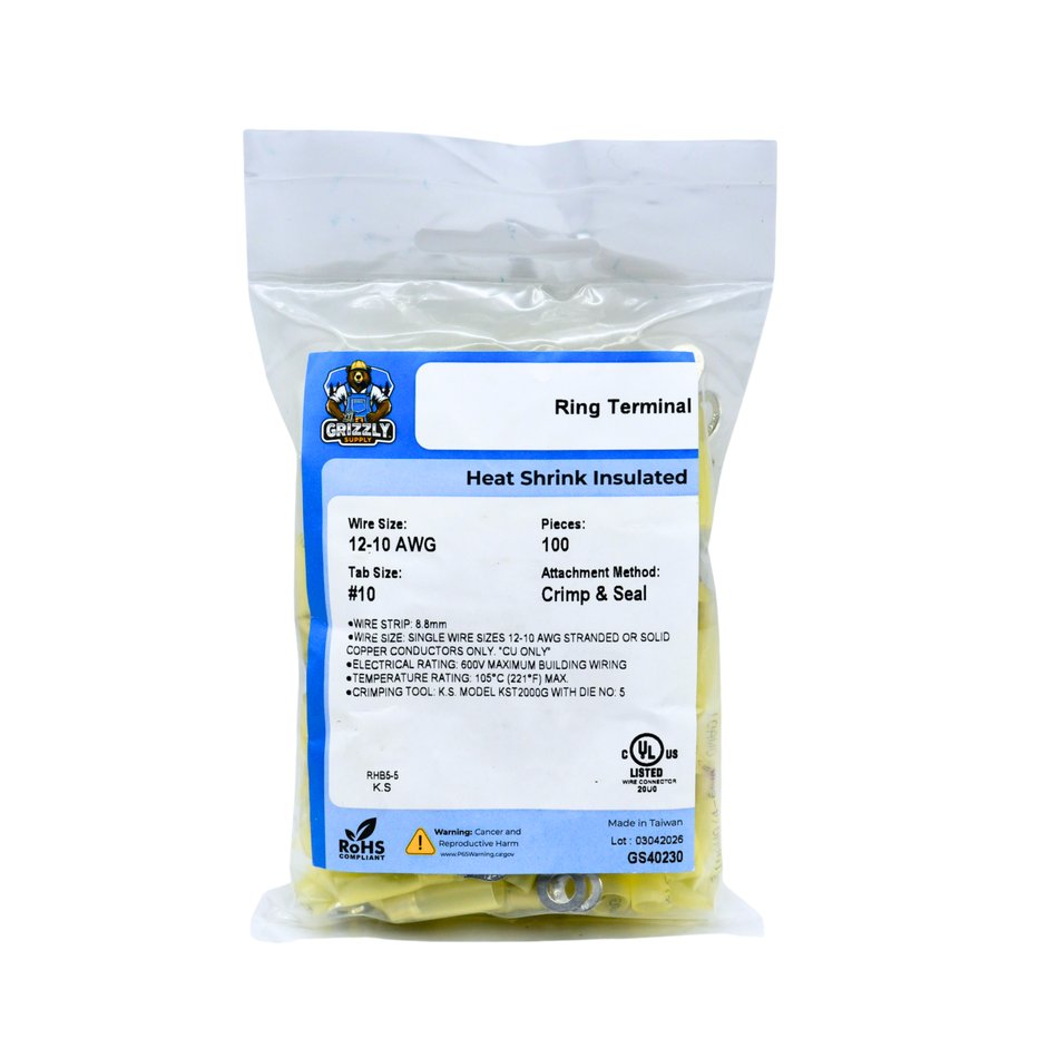 12-10 AWG Heat Shrink - Crimp & Seal #10 Stud Ring Terminal 100/Bag