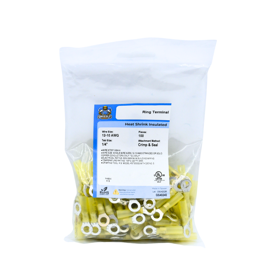 12-10 AWG Heat Shrink - Crimp & Seal 1/4" Stud Ring Terminal 100/Bag