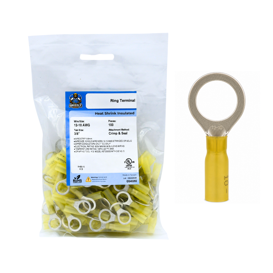 12-10 AWG Yellow Heat Shrink Insulated  Ring Terminals, 100/bag