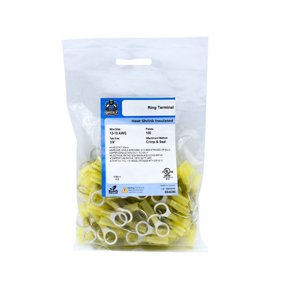 12-10 AWG Yellow Heat Shrink Insulated  Ring Terminals, 100/bag