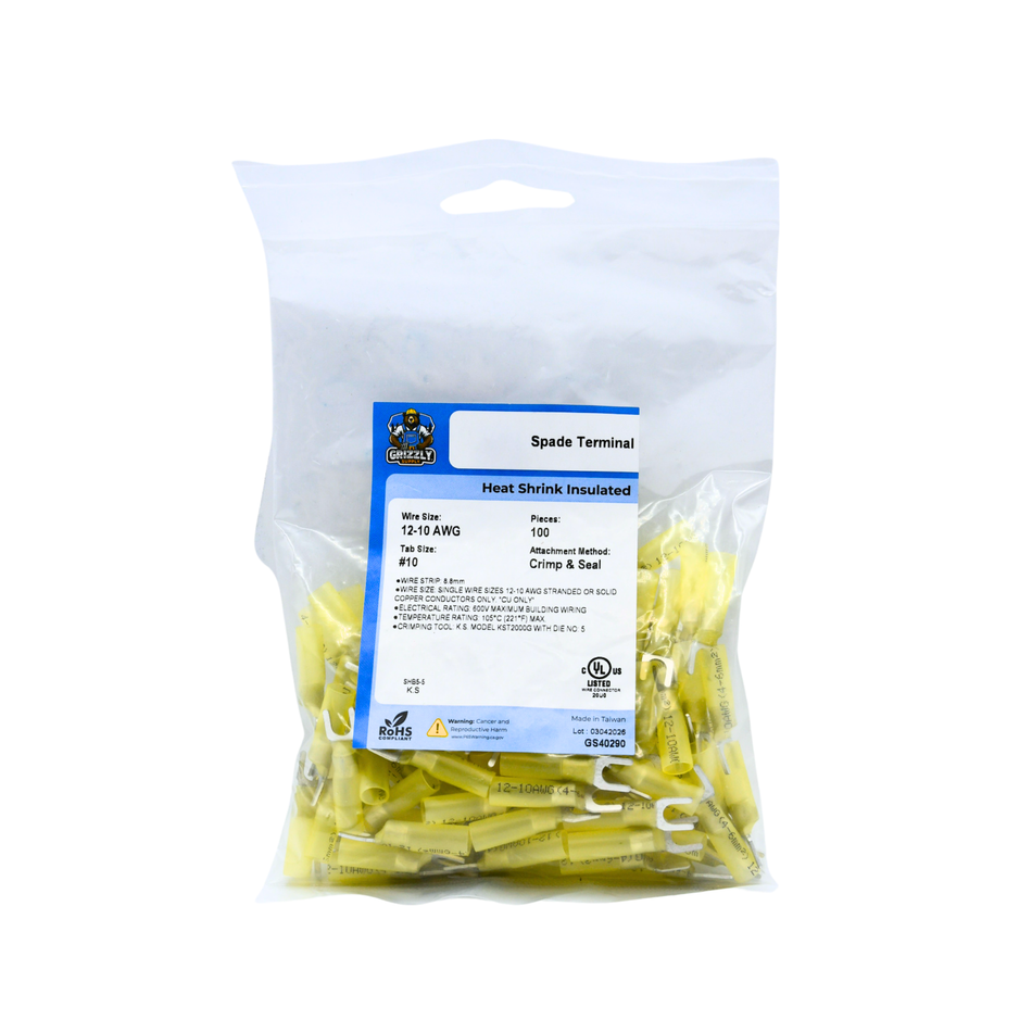 12-10 AWG Heat Shrink - Crimp & Seal #10 Spade Terminal 100/Bag