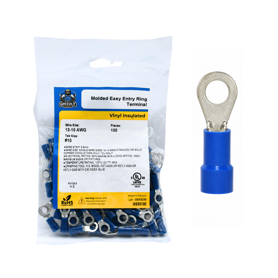 16-14 AWG Blue Vinyl Insulated Molded Easy Entry #10 Ring Terminals 100/bag