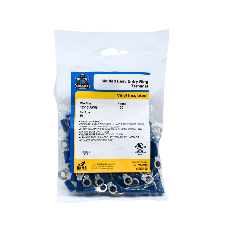 16-14 AWG Blue Vinyl Insulated Molded Easy Entry #10 Ring Terminals 100/bag