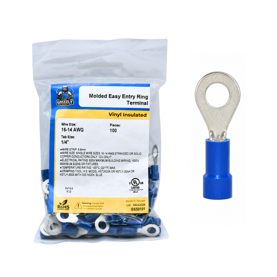 16-14 AWG Blue Vinyl Insulated Butted Seam 1/4 Ring Terminals 100/bag