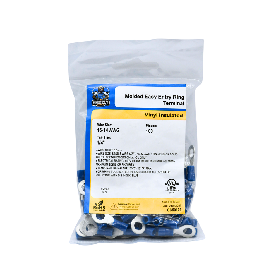 16-14 AWG Blue Vinyl Insulated Butted Seam 1/4 Ring Terminals 100/bag