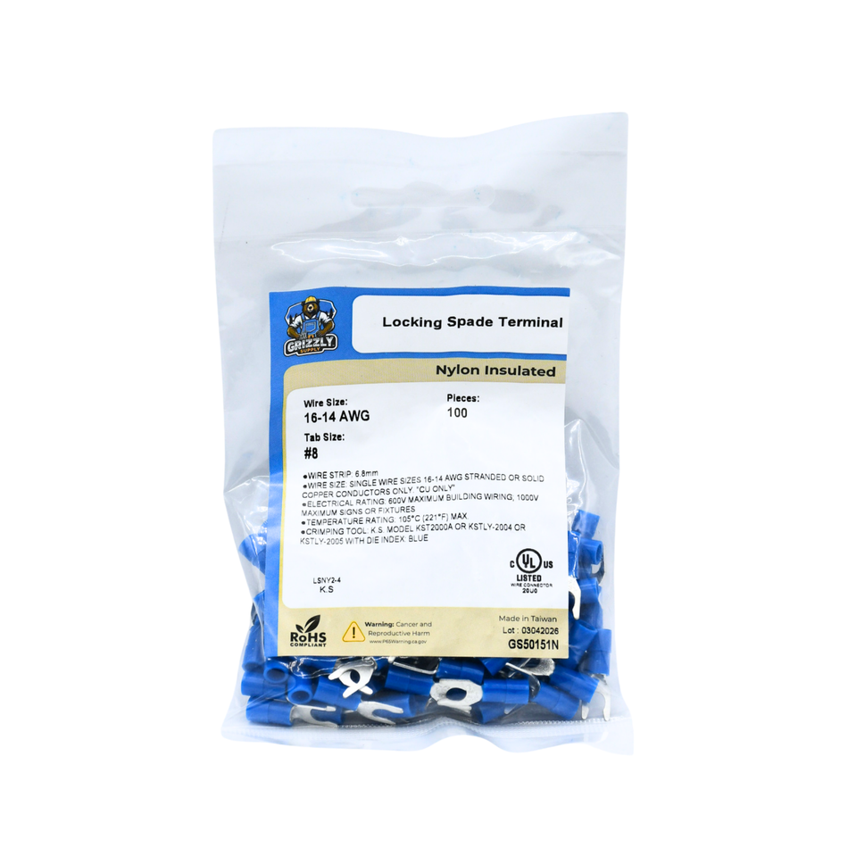 16-14 AWG Nylon Insulated #8 Locking Spade Terminal 100/Bag