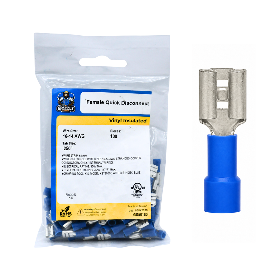 16-14 AWG Blue Vinyl Insulated Butted Seam Disconnect Terminals, 100/bag