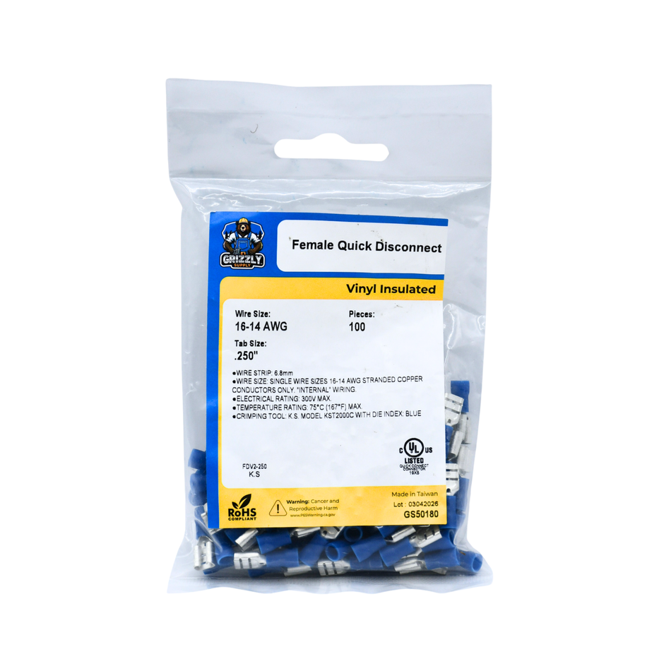 16-14 AWG Blue Vinyl Insulated Butted Seam Disconnect Terminals, 100/bag
