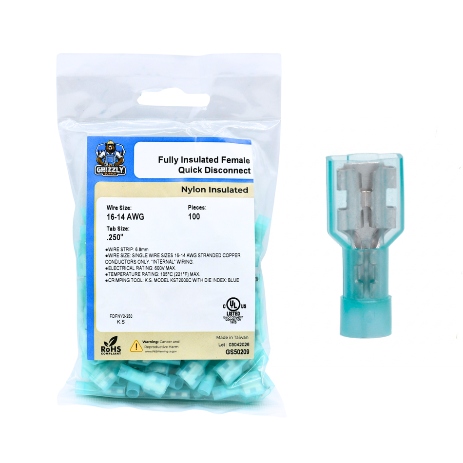 16-14 AWG Blue Nylon Insulated Fully Insulated Style B Disconnect Terminals, 100/bag