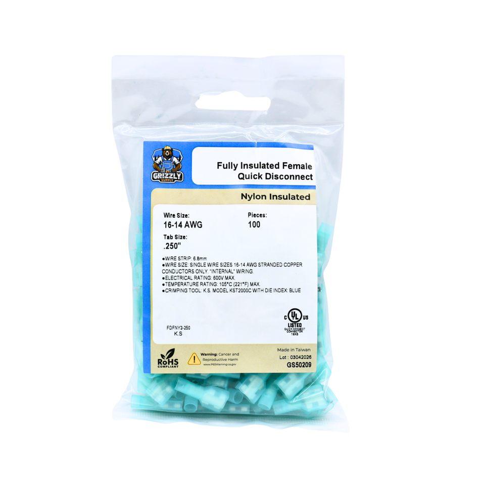 16-14 AWG Blue Nylon Insulated Fully Insulated Style B Disconnect Terminals, 100/bag