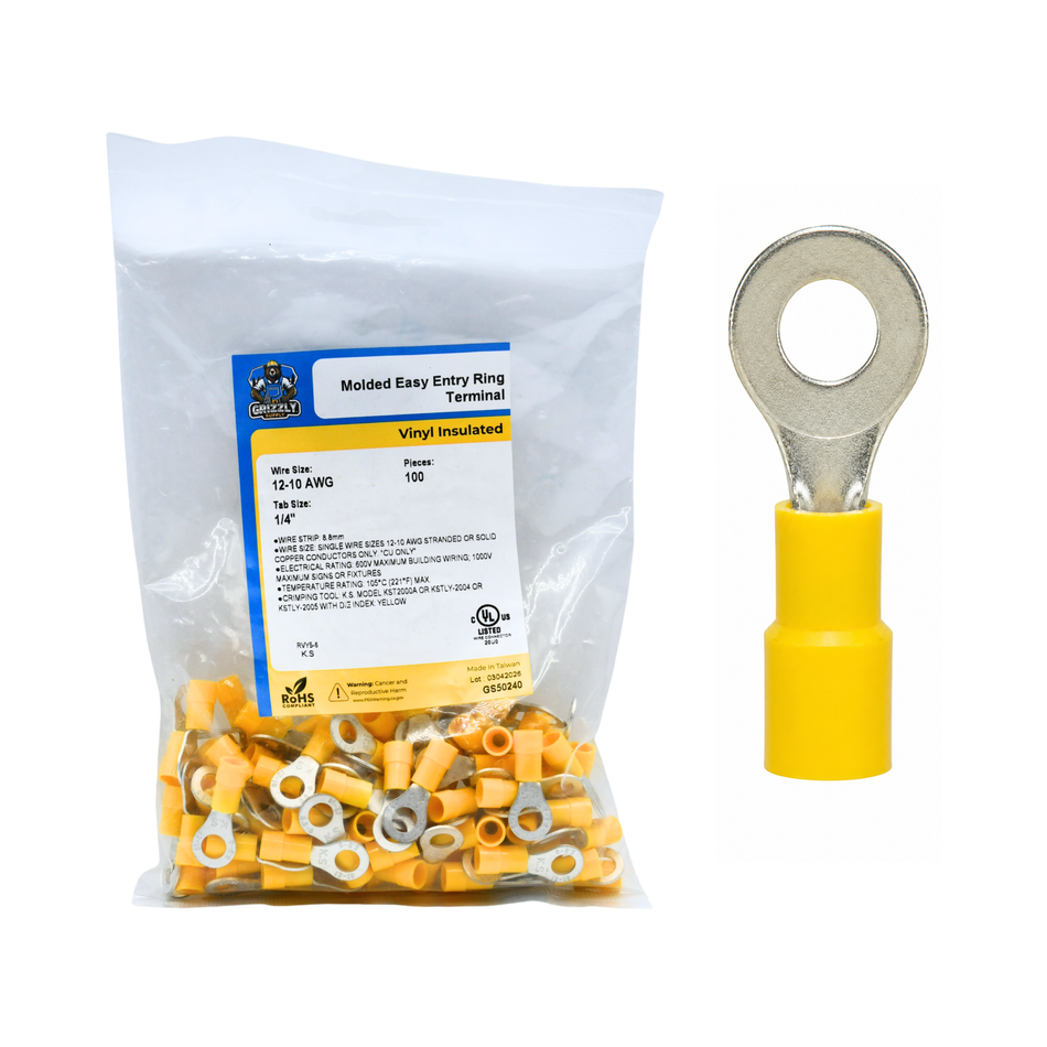 12-10 AWG Yellow Vinyl Insulated Butted Seam 1/4 Ring Terminals, 100/bag