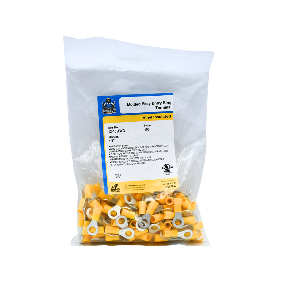 12-10 AWG Yellow Vinyl Insulated Butted Seam 1/4 Ring Terminals, 100/bag