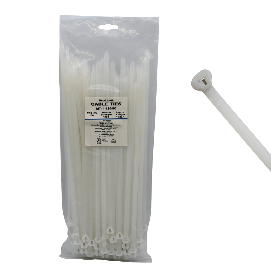 11" Natural 120lbs Metal Tooth Cable Ties / Zip Ties 100/bag Part #MT11-120-9C