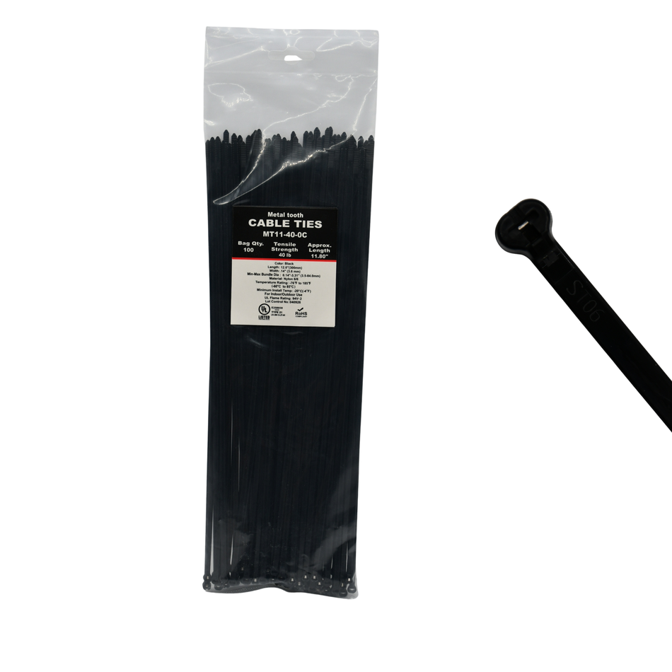 11" UV Black 50lbs Metal Tooth Cable Ties / Zip Ties 100/bags Part #MT11-50-0C