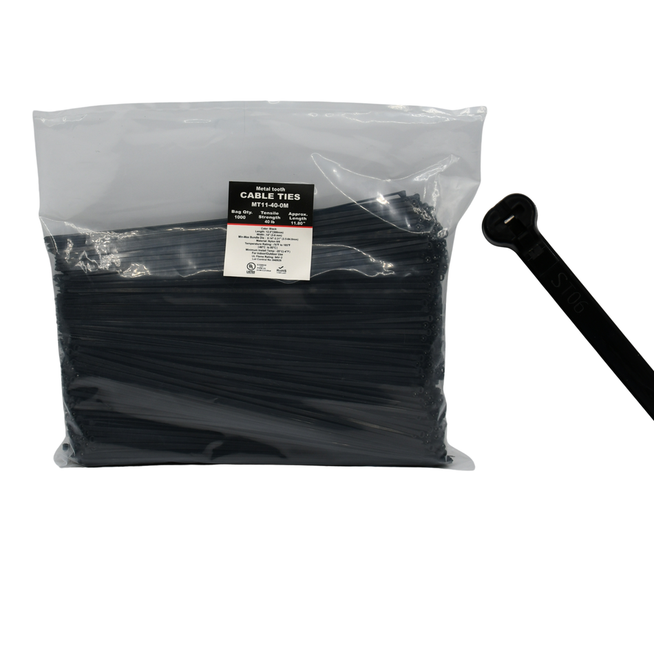 11"  UV Black 40lbs Metal Tooth Cable Ties / Zip Ties 1,000/bag Part #MT11-40-0M