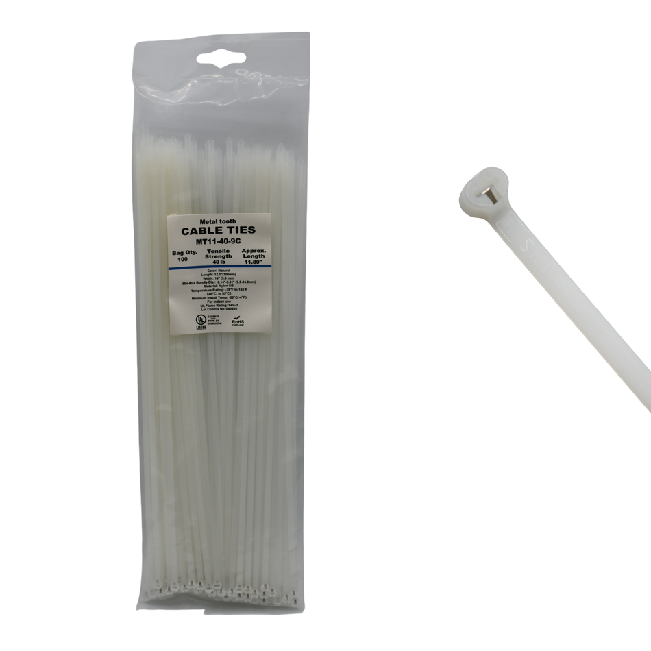 11" Natural 40lbs Metal Tooth Cable Ties / Zip Ties 100/bag Part #MT11-40-9C