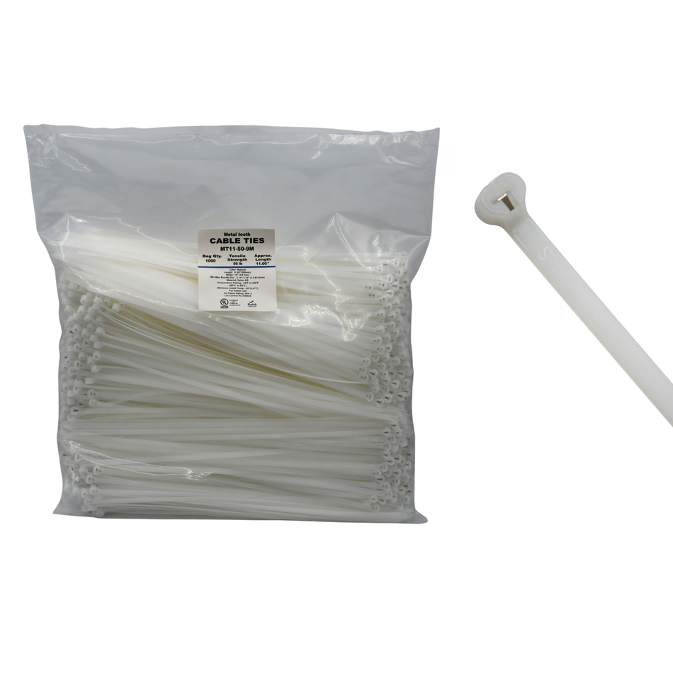 11" Natural 40lbs Metal Tooth Cable Ties / Zip Ties 1,000/bag Part #MT11-40-9M