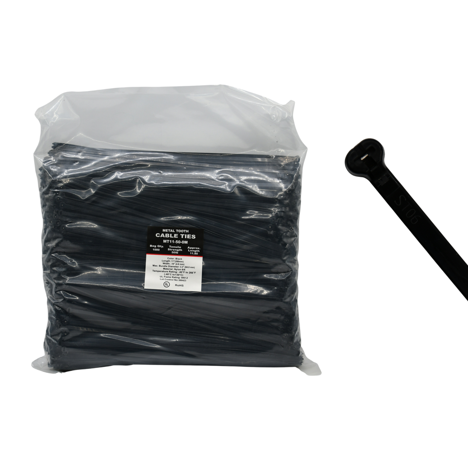 11" UV Black 50lbs Metal Tooth Cable Ties / Zip Ties 1,000/bag Part # MT11-50-0M