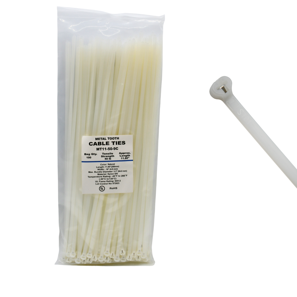 11" Natural 50lbs Metal Tooth Cables Tie / Zip Ties 100/bag Part # MT11-50-9C
