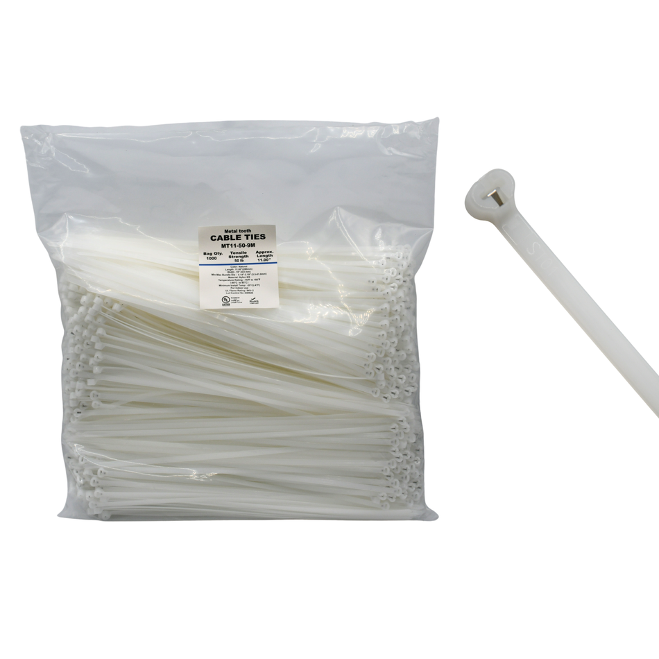 11" Natural 50lbs Metal Tooth Cable Ties / Zip Ties 1,000/bag Part #MT11-50-9M
