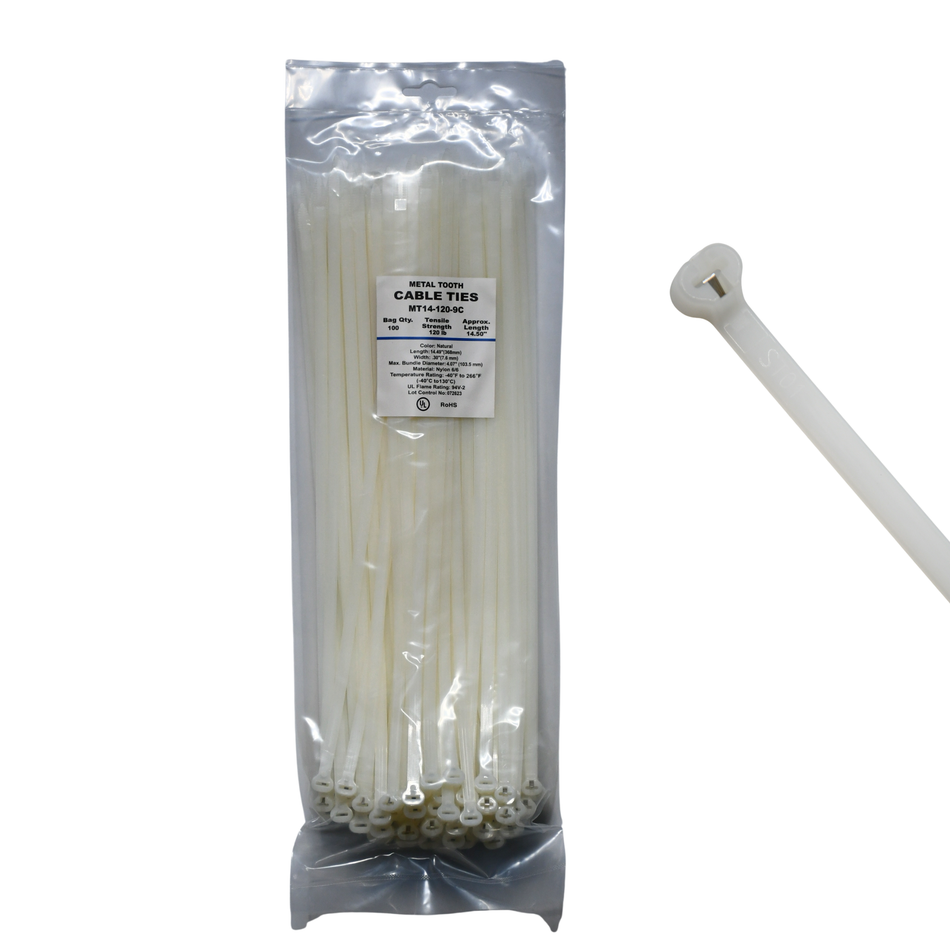 14" Natural 120lbs Metal Tooth Cable Ties / Zip Ties 100/bag Part #MT14-120-9C