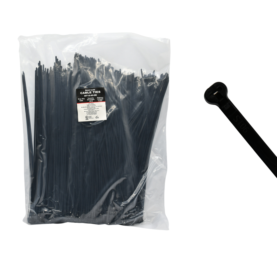 14" UV Black 40lbs Metal Tooth Cable Ties / Zip Ties 1,000/bag Part #MT14-40-0M