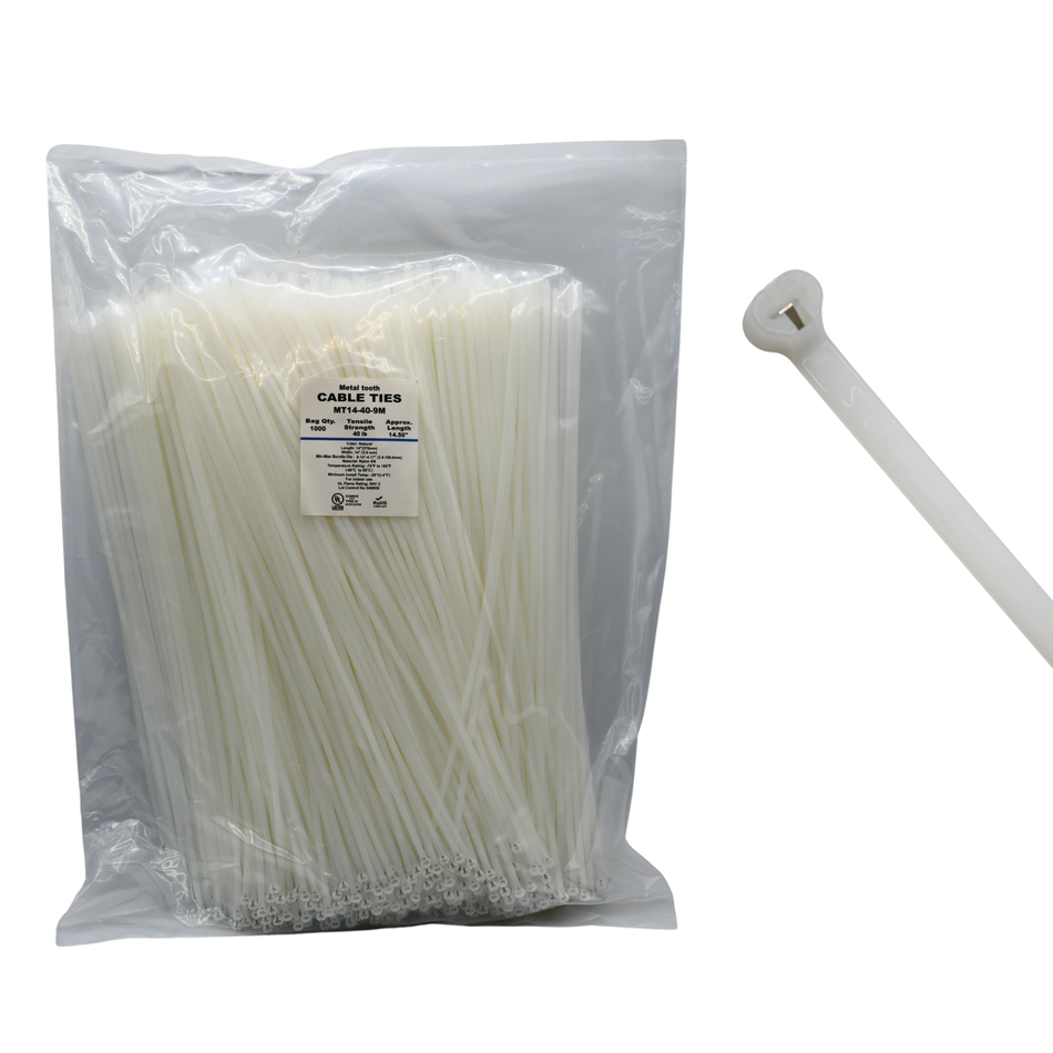 14" Natural 40lbs Metal Tooth Cable Ties / Zip Ties 1,000/bag Part #MT14-40-9M