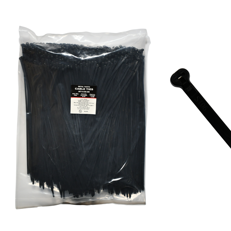 14" UV Black 50lbs Metal Tooth Cable Ties / Zip Ties 1000/bag Part #MT14-50-0M