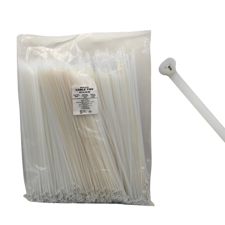 14" Natural 50lbs Metal Tooth Cable Ties / Zip Ties 1,000/bag Part #MT14-50-9M