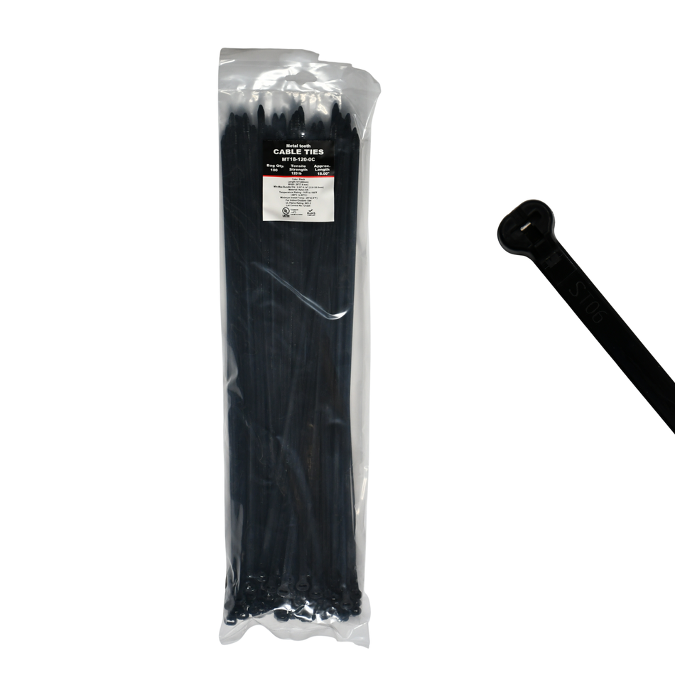 18" UV Black 120lbs Metal Tooth Cable Ties / Zip Ties 100/bag Part #MT18-120-0C