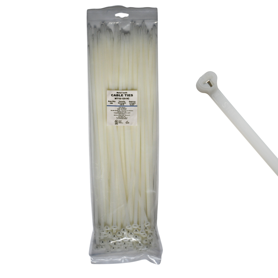 18" Natural 120lbs Metal Tooth Cable Ties / Zip Ties 100/bag Part #MT18-120-9C