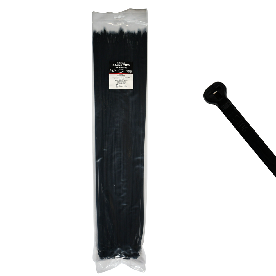 24" UV Black 120lbs Metal Tooth Cable Ties / Zip Ties 100/bag Part #MT24-120-0C