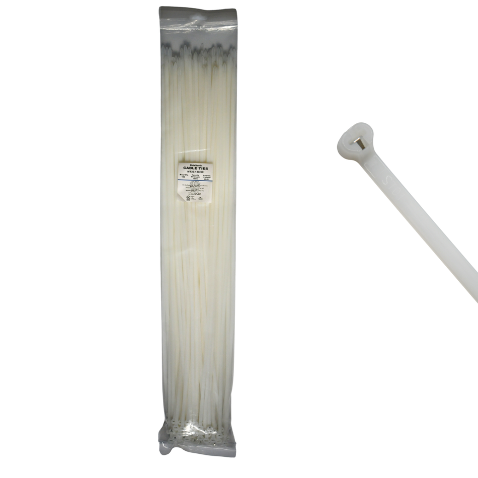 30" Natural 120lbs Metal Tooth Cable Ties / Zip Ties 100/bag Part #MT30-120-9C
