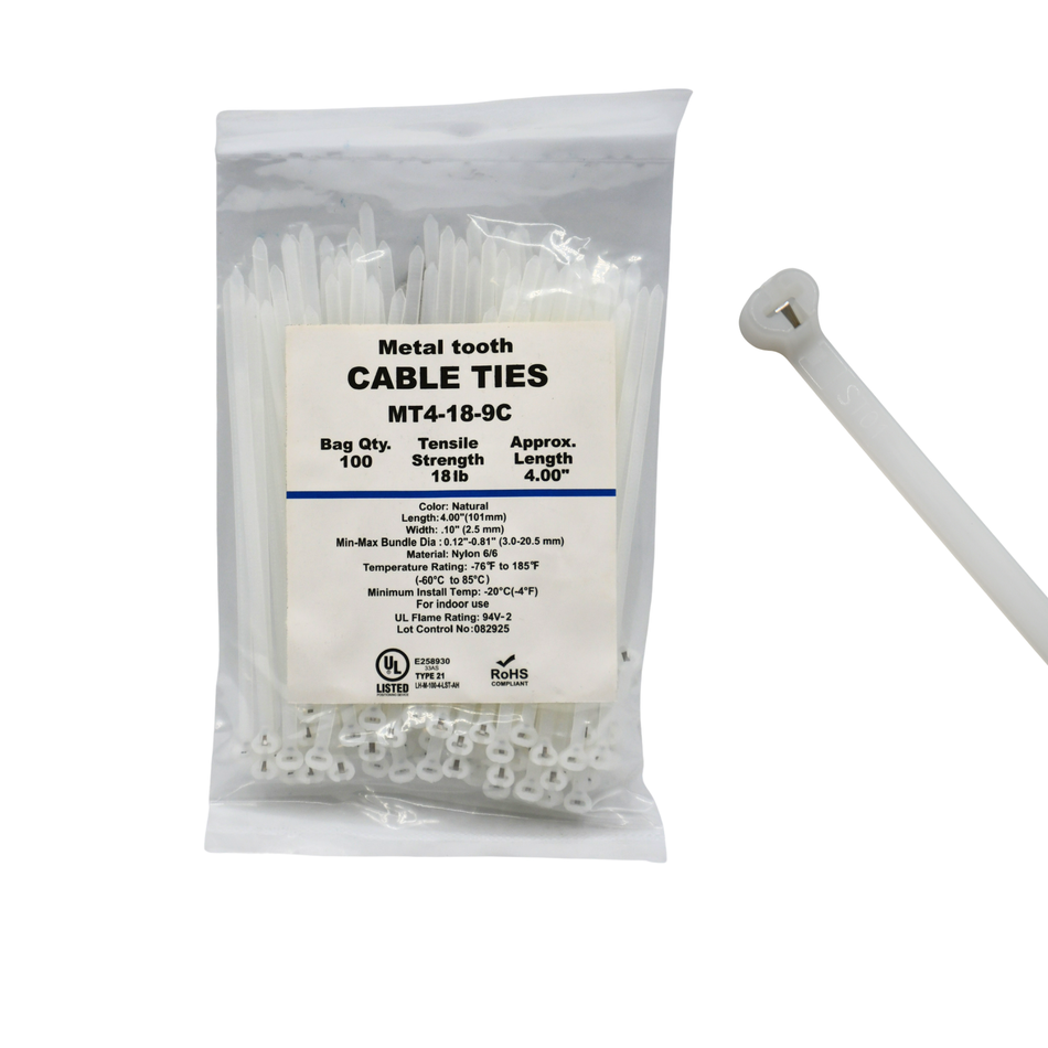 4" Natural 18lbs Metal Tooth Cable Ties / Zip Ties 100/bag Part #MT4-18-9C