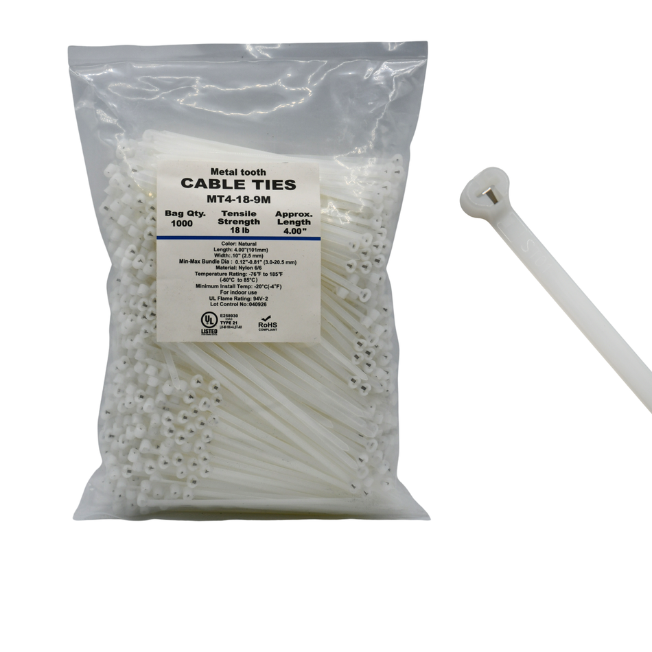 4" Natural 18lbs Metal Tooth Cable Ties / Zip Ties 1,000/bag Part #MT4-18-9M