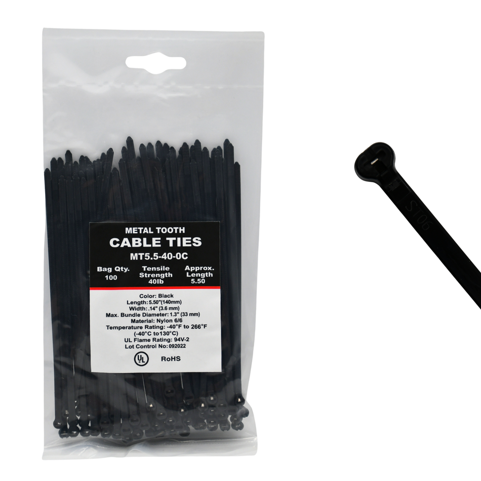5.5" UV Black 40lbs Metal Tooth Cable Ties / Zip Ties 100/bag Part #MT5.5-40-0C