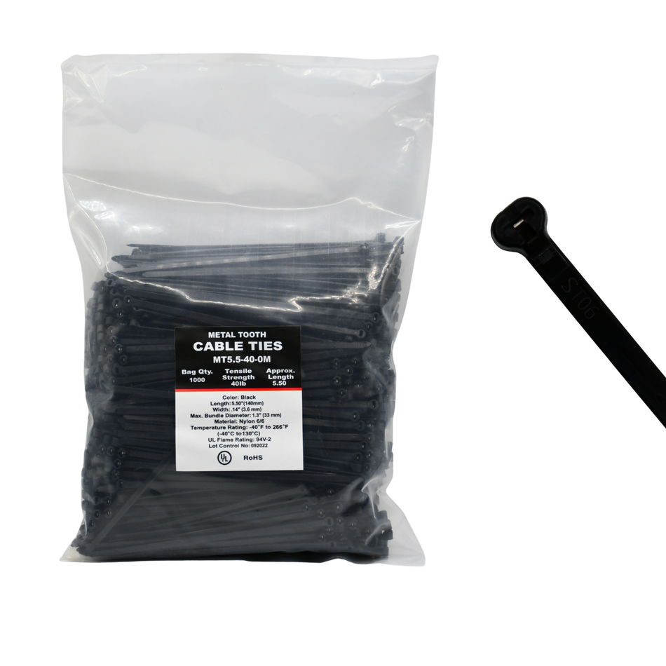 5.5" UV Black 40lbs Metal Tooth Cable Ties / Zip Ties 1,000/bag Part #MT5.5-40-0M
