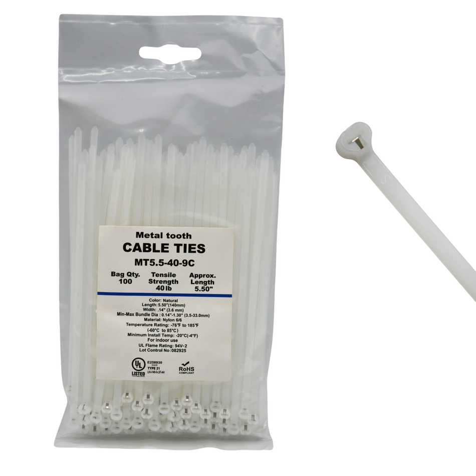 5.5" Natural 40lbs Metal Tooth Cable Ties / Zip Ties 100/bag Part #MT5.5-40-9C