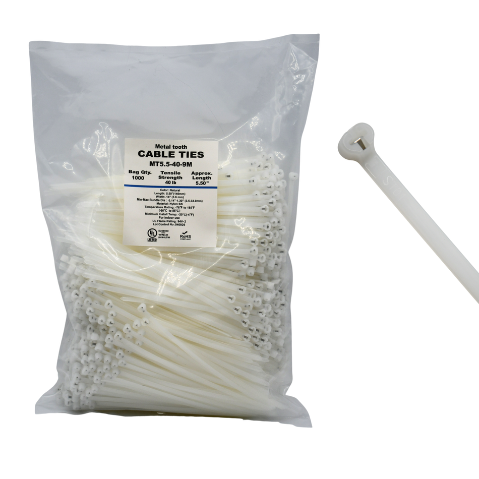5.5" Natural 40lbs Metal Tooth Cable Ties / Zip Ties 1,000/bag Part #MT5.5-40-9M