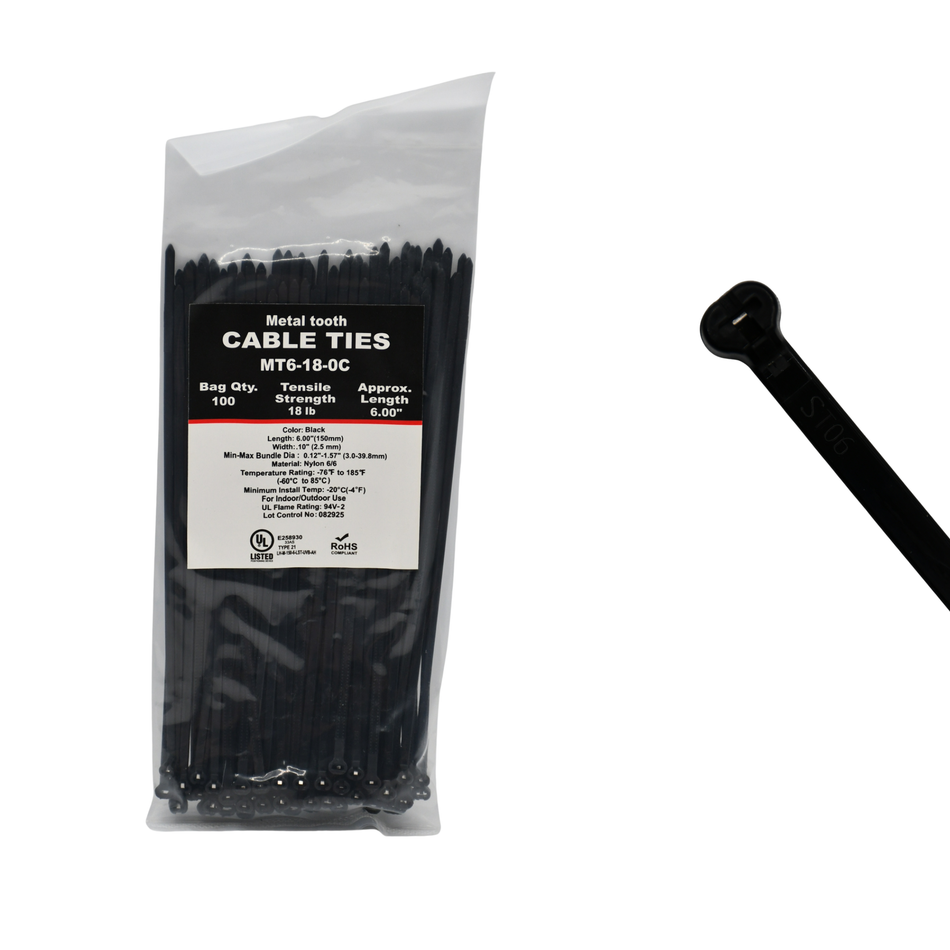 6" UV Black 18lbs Metal Tooth Cable Ties / Zip Ties 100/bag Part #MT6-18-0C
