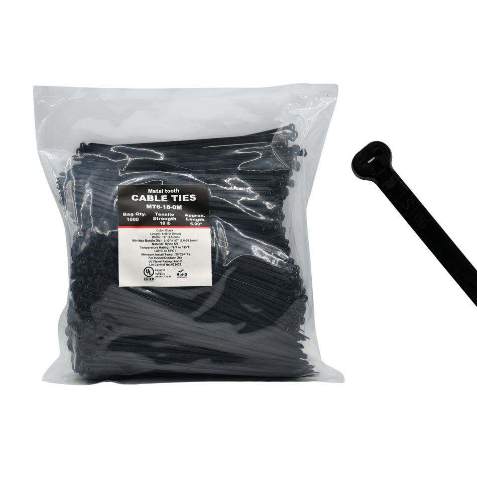 6" UV Black 18lbs Metal Tooth Cable Ties / Zip Ties 1,000/bag Part #MT6-18-0M
