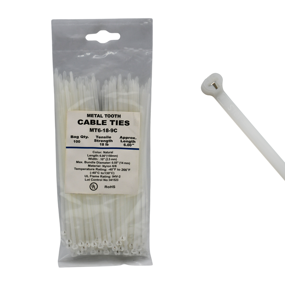 6" Natural 18lbs Metal Tooth Cable Ties / Zip Ties 100/bag Part #MT6-18-9C