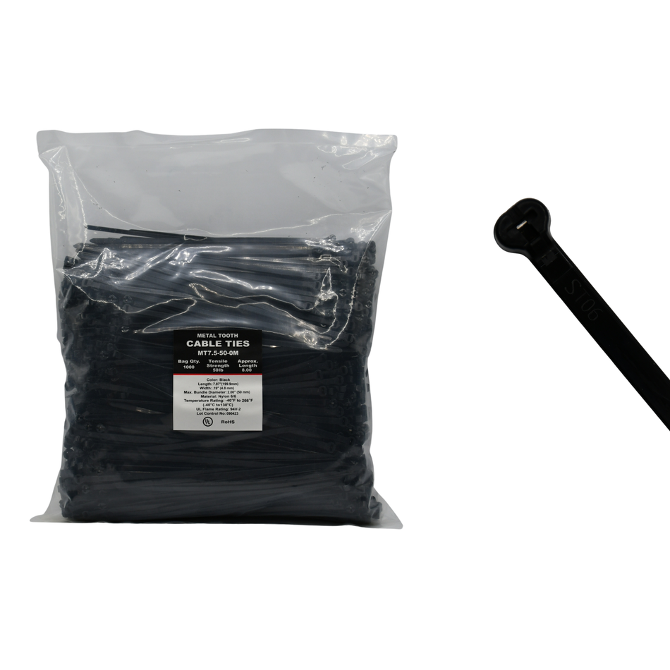 7.5" UV Black 50lbs Metal Tooth Cable Ties / Zip Ties 1,000/bag Part #MT7.5-50-0M